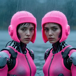 cinestill 5 0 d candid photographic portrait by helen levitt of two cyborgs wearing rugged neon pink mesh techwear and bobble hats in treacherous waters, extreme closeup, modern cyberpunk moody depressing cinematic, pouring rain, 8 k, hd, high resolution, 3 5 mm, f / 3 2, ultra realistic faces, ex machina