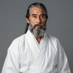 Miyamoto Musashi, 55 years old, wearing a white robe, grey beard, digital art