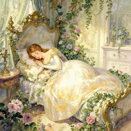 detailed sleeping beauty in a rococo bedroom overgrown by vines and flowers, fantasy art, trending on artstation, fairytale, art by luis royo and walter crane and kay nielsen, watercolor illustration,