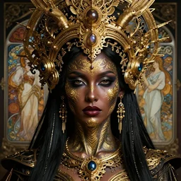 hyperrealistic detailed portrait of a beautiful dark goddess in an intricate golden ornamental ritual headdress, intricate cyberpunk make - up, golden face tattoos, insane details, art by ernst haeckel, nekro borja, android jones, alphonso mucha, gothic - cyberpunk, beautiful deep colours,