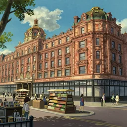 supermarket of harrods in london, natural lighting, wide angle, intricate details, fantasy atmosphere, matte painting, illustration, by hayao miyazaki