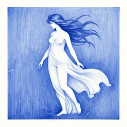blue - and - white drawing of a nymph