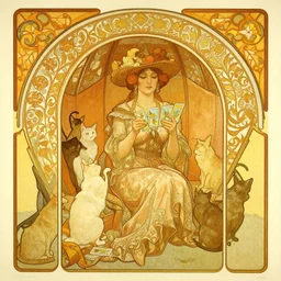 a posters of Gypsy lady doing tarot card reading inside a gypsy caravan surrounded by cats in art nouveau from 1878, Alphonse Mucha, decorative panels, yellow paper, soft outline