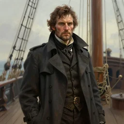 portrait of a rugged man wearing a trenchcoat standing on the deck of a ship, victorian, concept art, detailed face, fantasy, highly detailed, cinematic lighting, digital art painting by greg rutkowski