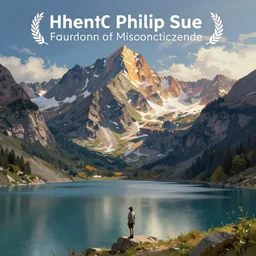 digital painting of mountain landscape with a lake and character near the water by philip sue art, by philip sue and rhads, contest winner on behance, dark blue, lavender, light blue color scheme