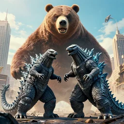 ! dream a giant angry bear vs. godzilla in the city, photomanipulation, photoshop, digital art