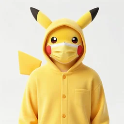 a person wearing a pikachu pijama and a yellow surgical mask