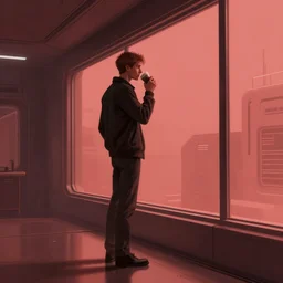 concept art by greg rutkowski, very tall and thin young man, standing drinking a coffee looking out a window in a minimalist, hi - tech, brutalist office, reddish exterior lighting, scifi, highly detailed portrait, digital painting, artstation, concept art, smooth, sharp foccus ilustration, artstation hq