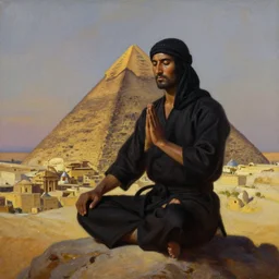 a dark portrait of an arabic style kung fu - fighter meditating on top of a pyramid overlooking the ancient city of petra at dusk, painted by norman rockwell