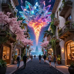 futuristic italian alleyway with cyberpunk people walking on waiʻanapanapa state park black beach during rgb season with interstellar crystalized fractal kaleidoscope glass atmosphere, blazing fire tornadoes, lush sakura, advanced civilization, expensive shops, high tech temples, by peter mohrbacher, james jean, james gilleard, greg rutkowski, rule of thirds, octane render, beautiful