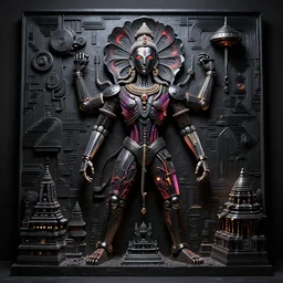epic dark studio tron sculpture shooting at Khajuraho, black, octane, rimlight, by david lachapelle, godes sculpture, made from matchsticks Shiva, veins, vibrant, flat shaped chrome relief, fossil, MINIATURE CITY, mechanic bionic fungus flower mechabot,  maze, tubes, joints, buttons, gears, relief by Goga Tandashvili, by Wayne Barlowe, cinematic