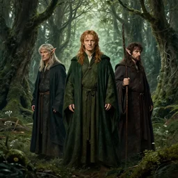 tolkien's elves in a forrest from lords of the rings, fantasy concept art by alan lee, tolkien, and michael komarck