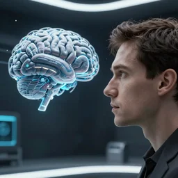 VFX movie closeup portrait of a man observing a futuristic ai brain in a dark room, by Emmanuel Lubezki