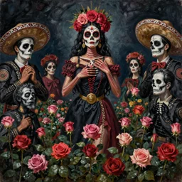 santa muerte in a rose garden being worshipped by a mexican death cult through a ritual, by anton semenov and gustave dore and guillermo del torro in a surreal dark horror style, oil on canvas, 8k, hd,