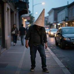 a drunk man with a cone on his head wobbling down the street in the evening,
