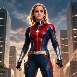 Emma Watson as Giant Man, towering over a city, film still from 'Ant-Man and the Wasp'