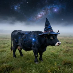 a detailed picture in the style of harry potter of stars and a nebula shaped like a cow in a grassy field wearing a witch hat, cow wearing hat!!! viewed in profile and far away, fog in the background, ultrawide lens, aerial photography, black and blue color scheme with gold highlights, art by marco bucci and danny flynn, artstation, 8 k