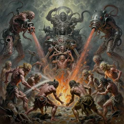 oil paint of 1 1 flayed gods fighting spewtum, in tiers, colossal medical gangrene machines tossing, dethroning melee, pit, by shigeru komatsuzaki, wayne d barlowe, stefano tamburini, ember light, muted colors, epic, hyper detailed, awe inspiring, award winning horror, narrative lighting, hyper realism, cinematic