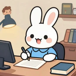 a cute happy cartoon rabbit sitting at a desk writing on a paper, llustration, josan gonzales, wlop, james jean, Victo ngai, David Rubín, Mike Mignola, Hergé, Joost Swarte, Laurie Greasley, artgerm, highly detailed, sharp focus, Trending on Artstation, HQ, deviantart