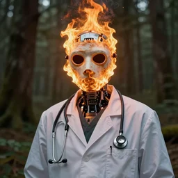 An album cover, fire, mask, stethoscope!, (doctor), 3d render, ((robot)), (unreal engine), (rust), photograph, portrait, painting, ((forest))