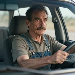 3 d study of an androgynous person with a mustache, lots of wrinkles, wearing overalls, driving a car, photorealistic, detailed, octane