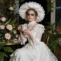 on texture paper full body fashion model emma watson smokey eyes makeup eye shadow fantasy, glow, shimmer as victorian woman in a long white frilly lace dress and a large white hat having tea in a sunroom filled with flowers, roses and lush fern flowers ,intricate, night, highly detailed, dramatic lighting , high quality