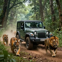 Mahindra thar, in kerala forest, tigers and lions  chasing, action scene, an epic fantasy, dramatic lighting, cinematic, establishing shot, extremely high detail, photorealistic, cinematic lighting, matte painting, artstation, by simon stalenhag, horizon forbideen west