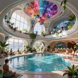HD, futuristic utopian fantasy, Sol Retreat, interior, health spa and meditation center, indoor pool, sunlight through windows, vibrant, futuristic utopian architecture