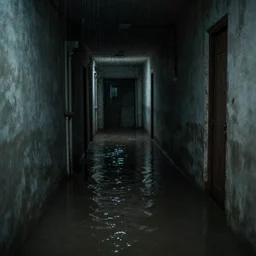 a flooded hallway with water, dark, uncanny, morbid