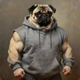 muscular oversized dog pug bodybuilder is wearing a hoodie , heavy texture victorian  natural oil painting mid shot