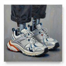basquiat oil painting of robot sneakers, balenciaga,