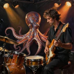 a beautiful painting by greg tocchini of an octopus playing drums and telecaster guitar in an electronic concert, dark background, concert light, dark mood, warm lights
