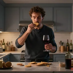 man standing in kitchen late at night eating biscuits and drinking red wine, realistic artstyle, wide shot, dramatic lighting, octane render, hyperrealistic, high quality, highly detailed, hd, beautiful, cinematic, 8 k, unreal engine, facial accuracy, symmetrical