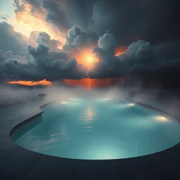 a beautiful render of a steaming swimming pool dissolving into a thundercloud, steam, fog, lightning, dark, volumetric lighting, sunset, very detailed, hyperrealistic, unreal engine 5, raytracing