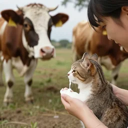 human giving milk to a cat, while being watched by a cow