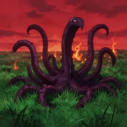 “a field with tentacles instead of grass, eerie, creepy, flames and a red sky in the background, anime style, trending on artstation”
