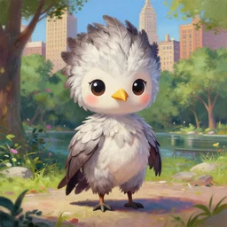 a cute chibi harpy completely covered in feathers and wearing a bodysuit made of feathers is standing in anime scenery central park new york. trending on pixiv. trending on artstation. a vibrant digital oil painting. a highly detailed drawing of a character portrait by terese nielsen and edvard picasso guay