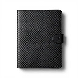 carbon fiber sketchbook, commercial catalog photo, isolated on a pure white background, centered, entire object in frame, sharp focus, soft studio lighting