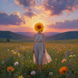 girl with a singular flower for a head, surreal photography, dream, standing in flower field, magical, in a valley, sunrise dramatic light, impressionist painting, colorful clouds, artstation, simon stalenhag, flower face