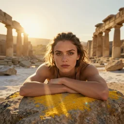 cute face portrait of muscled Mila Kunis with no hair chilling on a rock, sun down golden hour , ancient ruins in winter,  sun ray prisms through wind swept saturated pollen, intricate, highly detailed, epic vista, very crispy, Ralph Horsley, Daniel F. Gerhartz, Artgerm, Boris Villajo, Lilia Alvarado