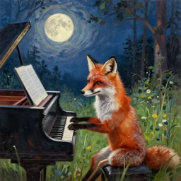 A fox playing the piano in a meadow in the forest during the night under the moonlight, oil painting