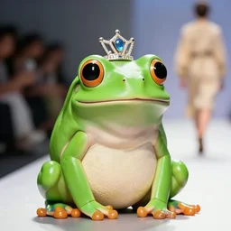 super cute green tree frog with a tiara on its head, taking a selfie on a fashion show