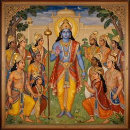 an epic cinematic scene from Ramayan, Mughal miniature painting, oil on canvas, trending on ArtStation, detailed, 8K, HDR, HD,