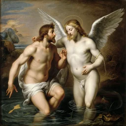 old photo of Jesus baptizing Lucifer in the river artwork by Nicholas poussin