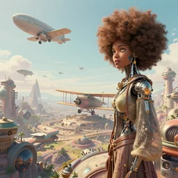cinematic still of hyper detailed, afro futurist, spaceport, biplanes flying, airships, surrealist vechicles, deep perspective, wide angle, insanely detailed and intricate, a cyborg looks over it all, pastel color palette, bill sienkiewicz