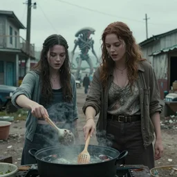 she makes the deep boil. dark fantasy story about two casually - dressed women in a dirty seaside town, a globster, and a beautiful song. color cinematic still from an action - packed 2 0 1 1 brutal! alien - robot invasion science - fiction blockbuster movie ; highly - detailed.