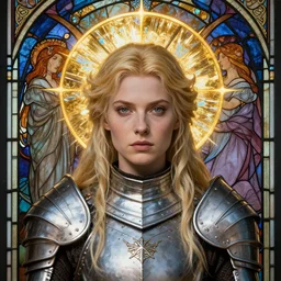 masterpiece head-on symmetrical centered portrait, Imogen Poots as a Gloomhaven paladin, Elden Ring, blonde hair, prismatic golden halo around her head, wearing plate armour, elegant, distant, stained glass tarot style, in the style of Edgar Maxence and Ross Tran and Zdzisław Beksiński and Michael Whelan and Mucha and Gustave Doré, specular highlights, 8k, octane render