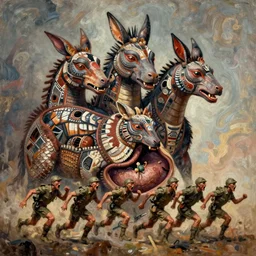 a high hyper detailed painting with many complex textures and sacred animal skin, of a tribal and indigenous aboriginal creature with three heads and a body with scales, and a head inside the stomach from which several deformed soldiers come out running and screaming, seeking to destroy colonialist and empirialists and all the authoritarians of the world psychedelic surrealist cosmic magical realism bizarre and psychotic art