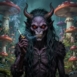 a centered chest up portrait of a psychedelic demonic anthropomorphic wendigo smoking a hand - rolled cigarette smoking heavily, magic mushroom village in background. award winning. superb resolution. in the art style of junji ito and greg rutkowski. detailed mushroom city in background. hyper realistic anime. perfect art. dalle 2