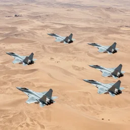 a group of 8 su-27s flying over desert storm